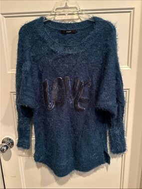 Cozy Teal Fuzzy Crewneck Sweater with Sequin LOVE Detail
